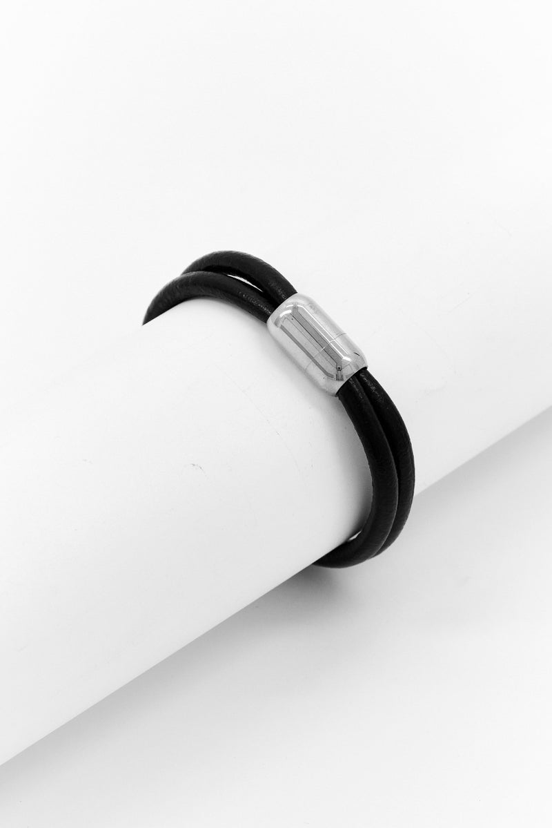 Steeltime Men Leather Bracelet With Stainless Steel Magnetic Clasp, Black - Image 1